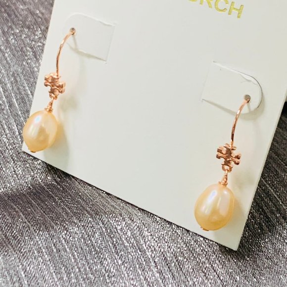 Tory Burch Earrings Kira Pearl Drop Earrings 12MM Peart Logo Rose Gold - Picture 8 of 11